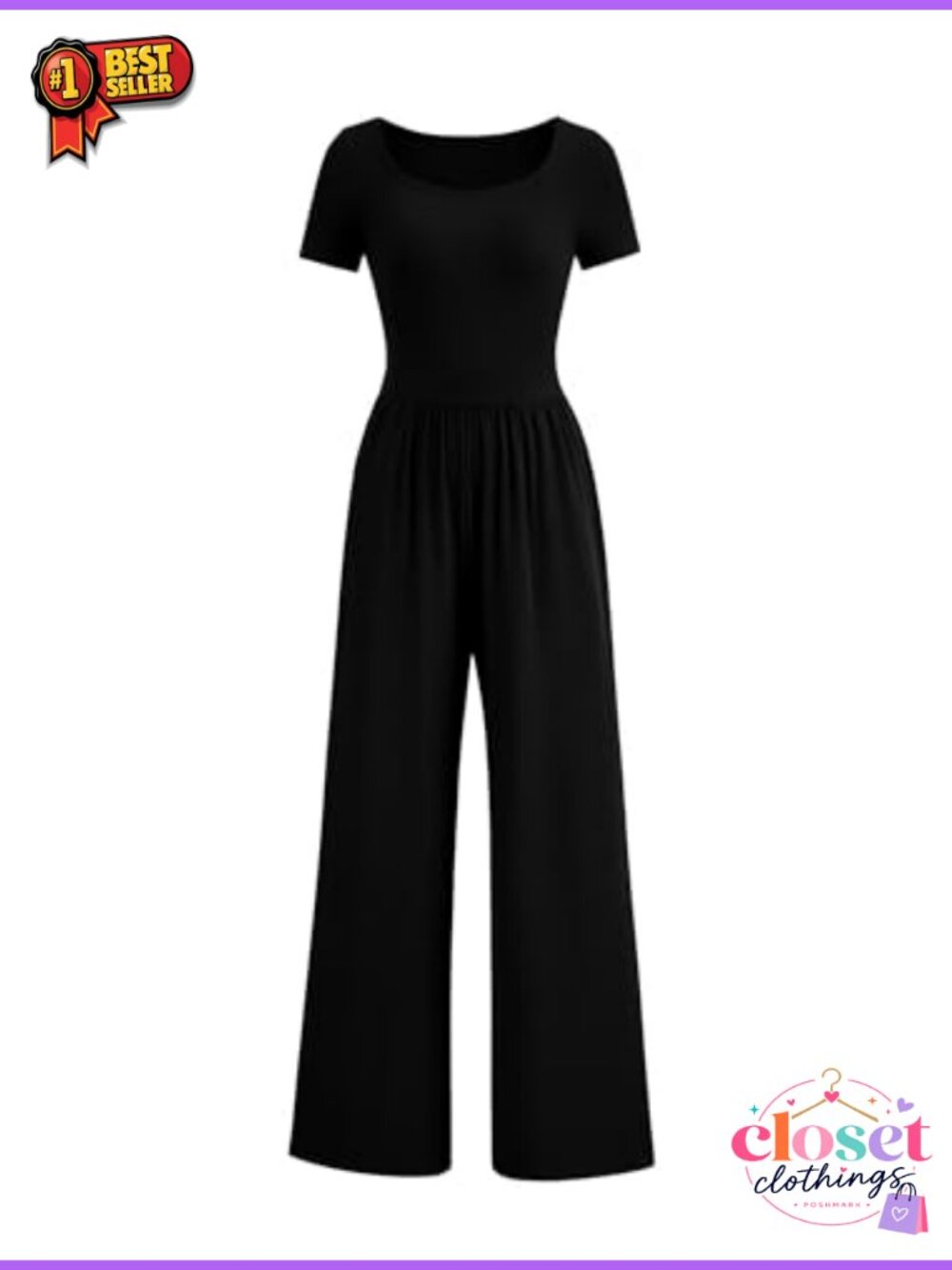 Women's Short Sleeve Wide Leg One Piece Jumpsuit Ribbed Knit Square Neck